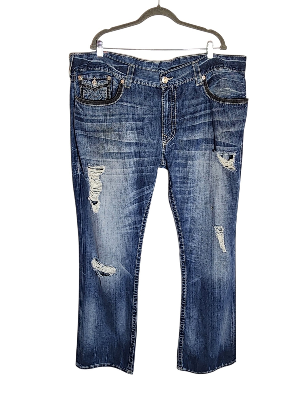 True Religion Mens Medium Wash Distressed Straight Leg Jeans Size 44